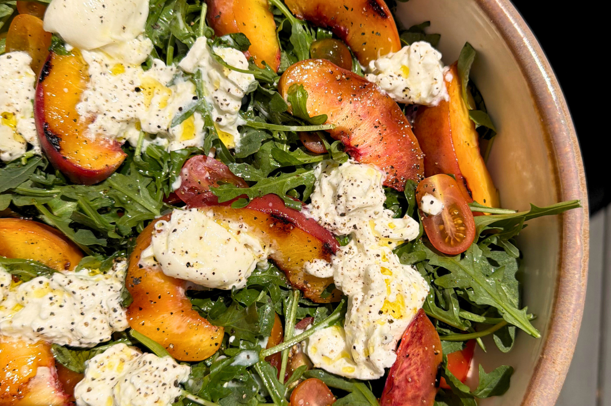 Grilled Peach Burrata Salad with Extra Virgin Olive Oil