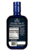 Blue bottle of Olitalia Extra Virgin Olive Oil with nutrition facts label on a white background