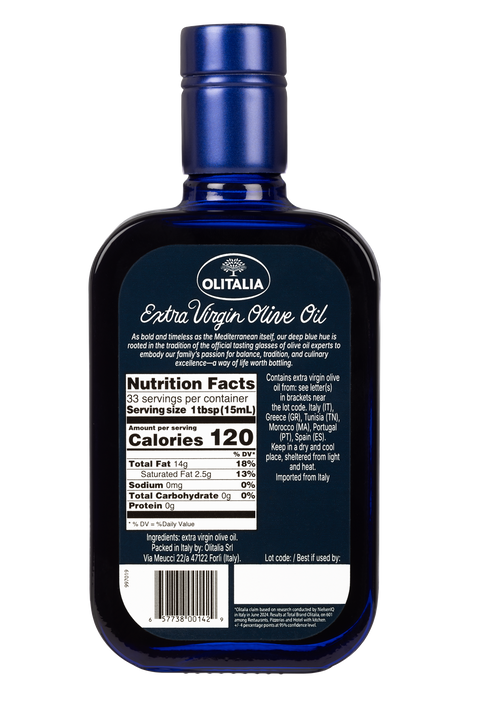 Blue bottle of Olitalia Extra Virgin Olive Oil with nutrition facts label on a white background